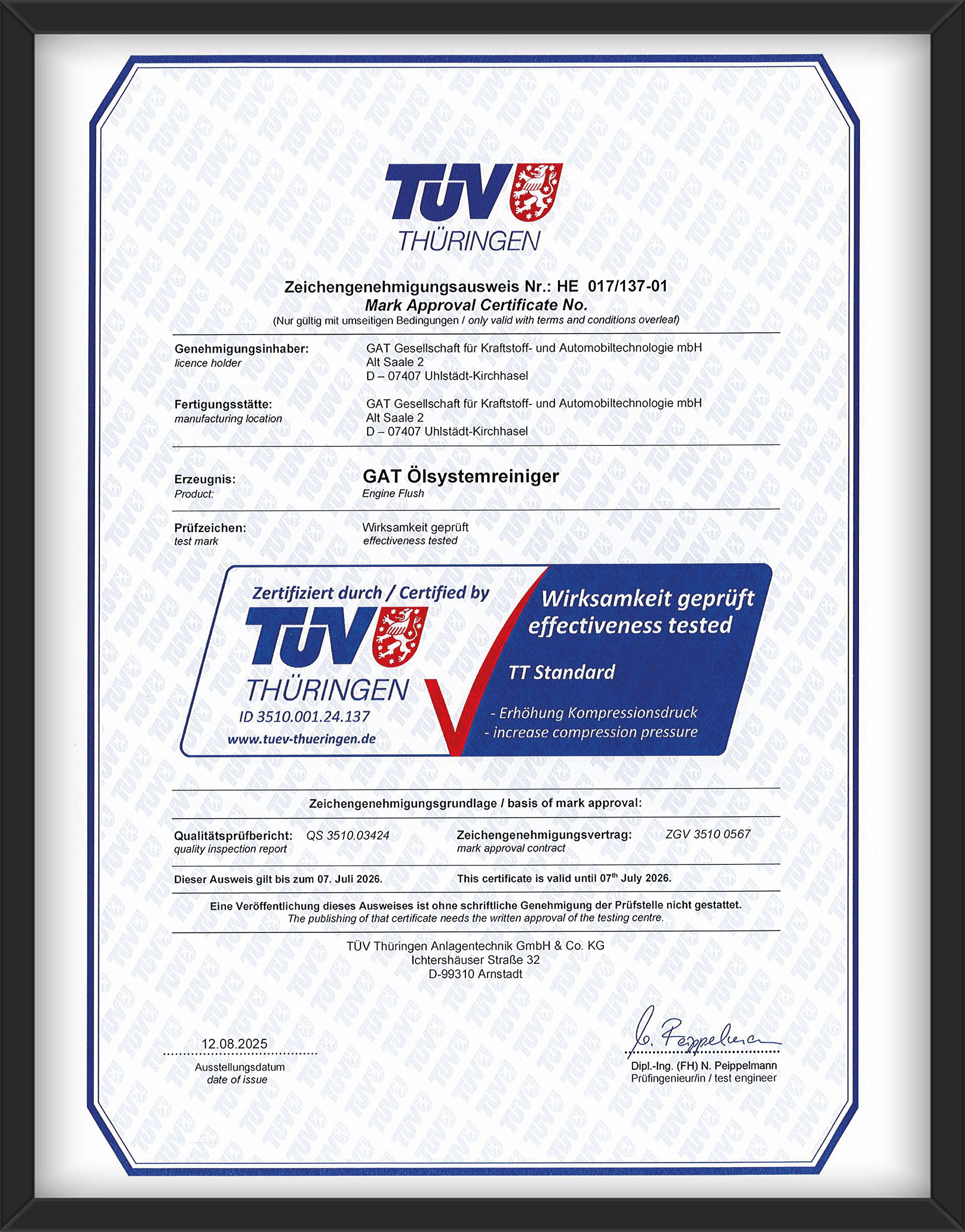 TÜV-Zertifikat Engine Flush