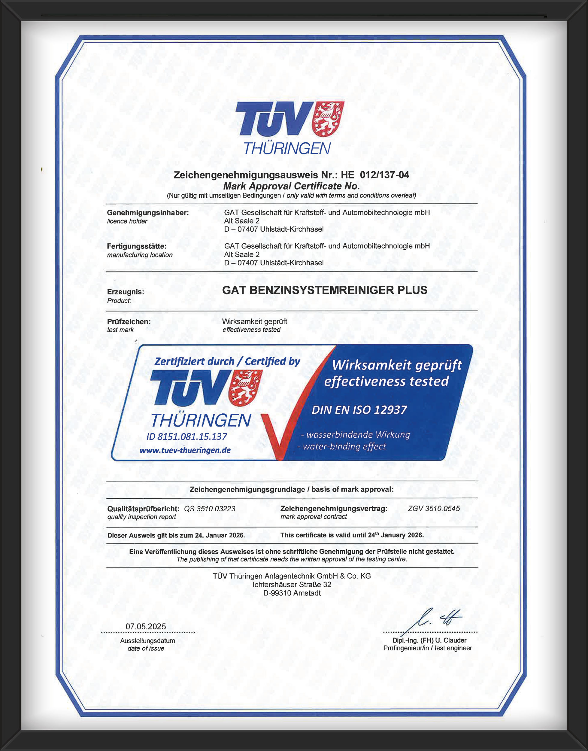 TÜV-Zertifikat Fuel System Cleaner